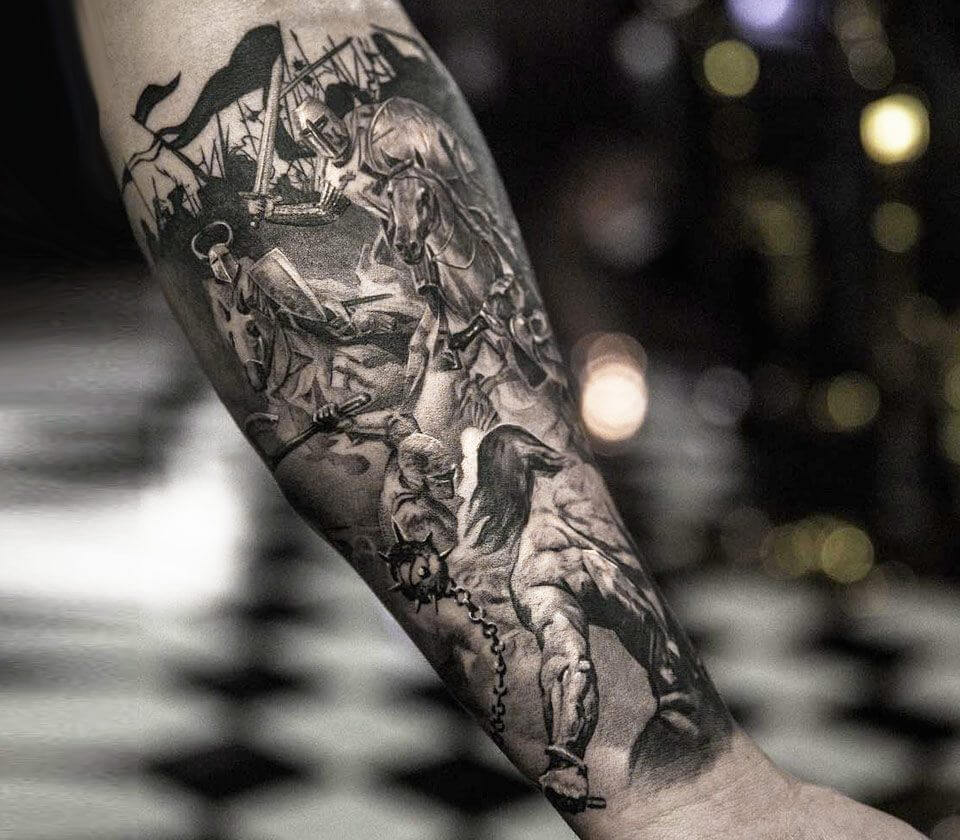 Historical Battle Scene Realism Tattoo Source Niki Norberg www.worldtattoogallery.com