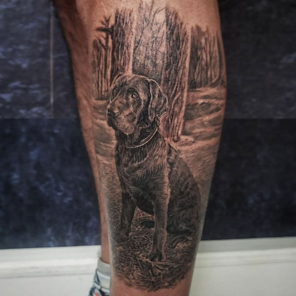 Labrador Retriever Fetching a Stick Pet Tattoo Source @lucian_mihai_tattoo via Instagram