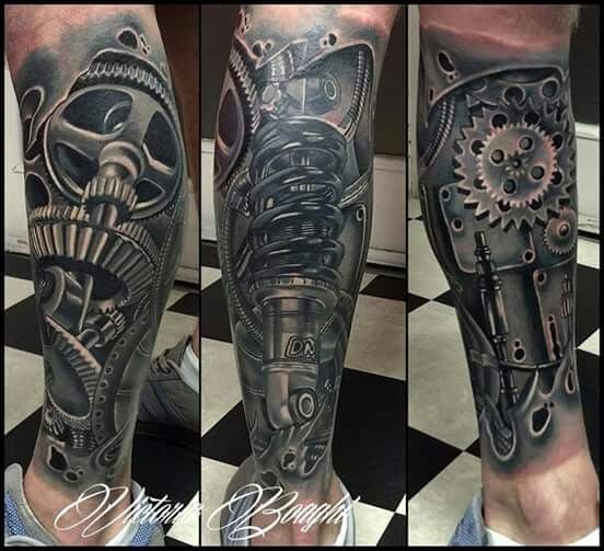 Motorcycle Engine Realism Tattoo Source @davidsantanaart via Pinterest
