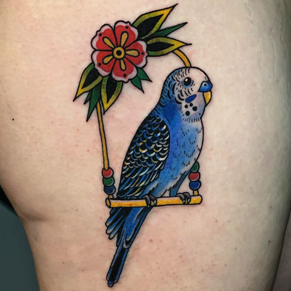 Parakeet on a Swing Pet Tattoo Source @bisbytattoos via Instagram