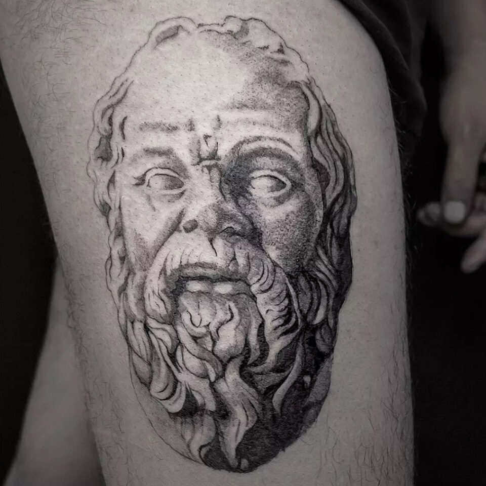 Philosopher Portrait Tattoo Source @jorgepichon.tattoo via Instagram