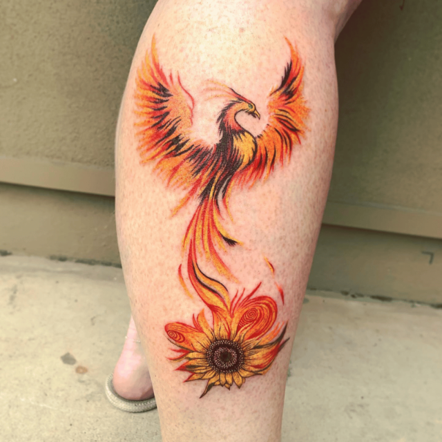 Phoenix Sunflower Tattoo Source @the.peoples.ink.tattoo.studio via Facebook