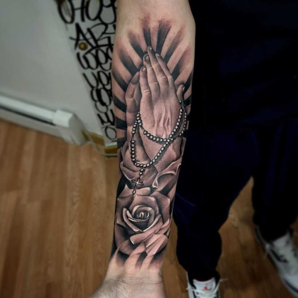 Praying Hands with Rosary Religious Tattoo