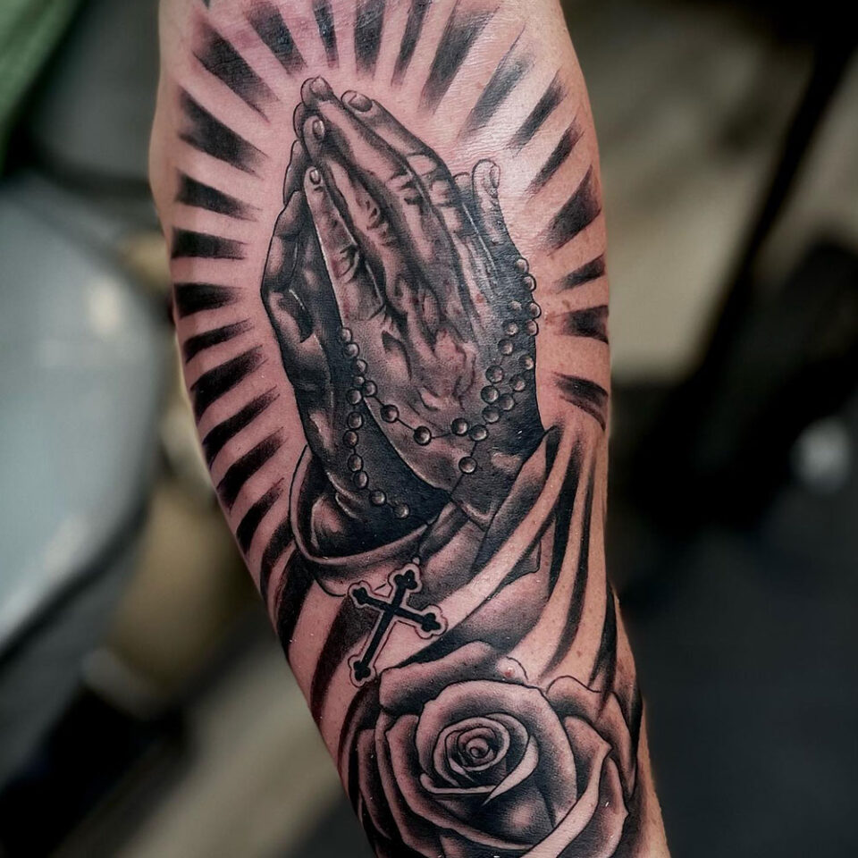 Praying Hands with Rosary Religious Tattoo