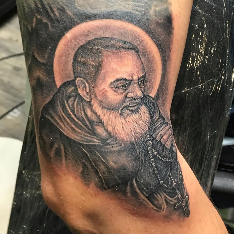 Saint or Religious Figure Portrait Tattoo Source @tonypaternotattoo via Instagram