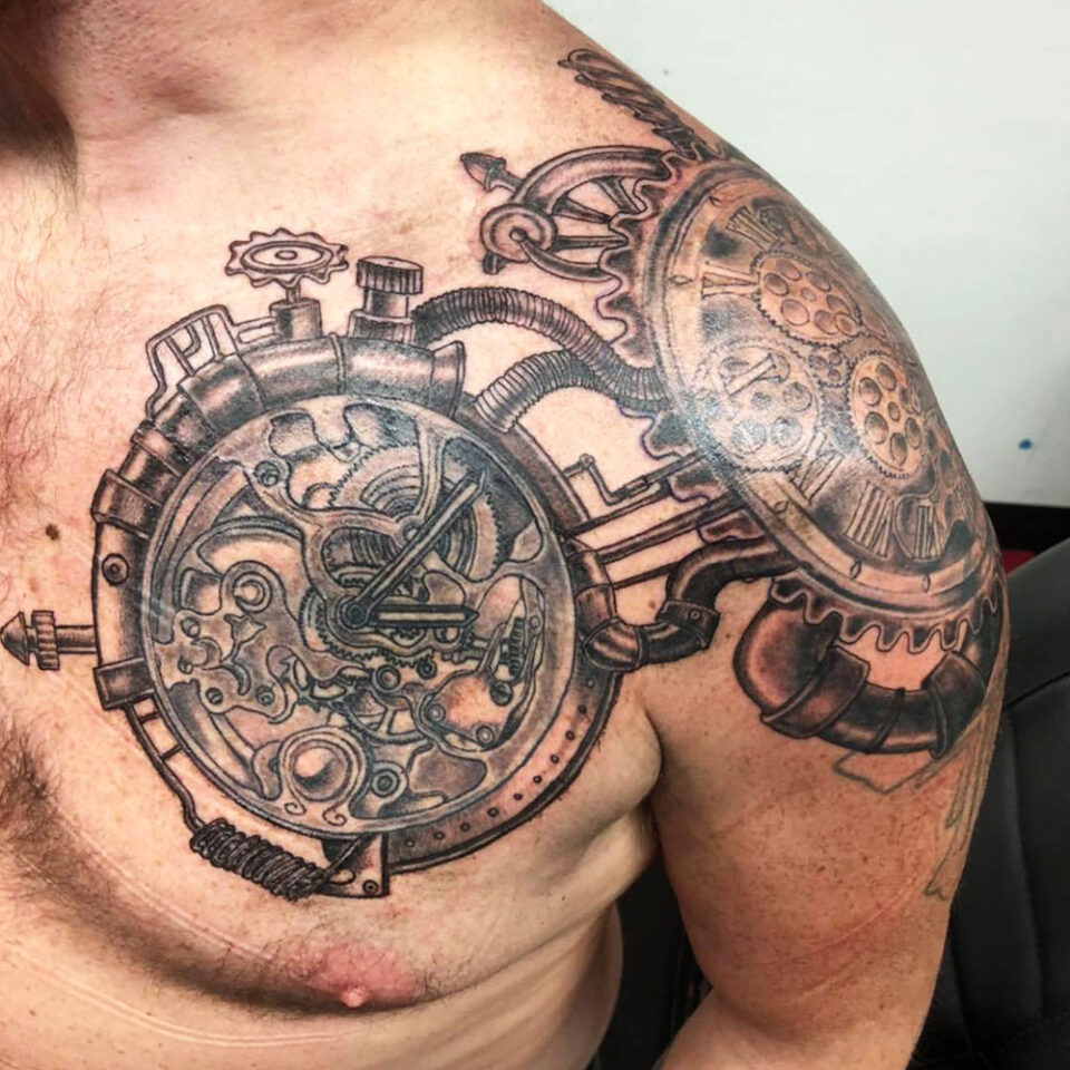 steampunk gear compass tattoo Source madhousetattoobs via Facebook