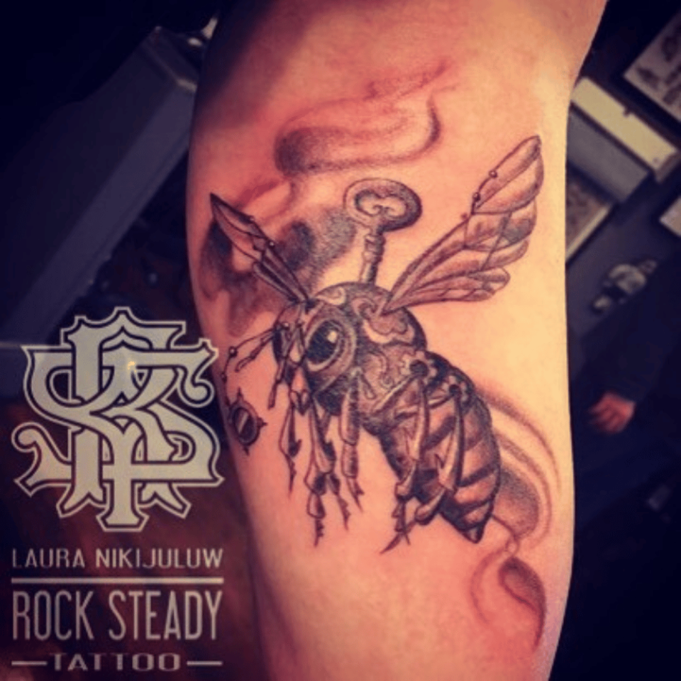 Steampunk Style Bee Tattoo @laura_rock_steady via Instagram