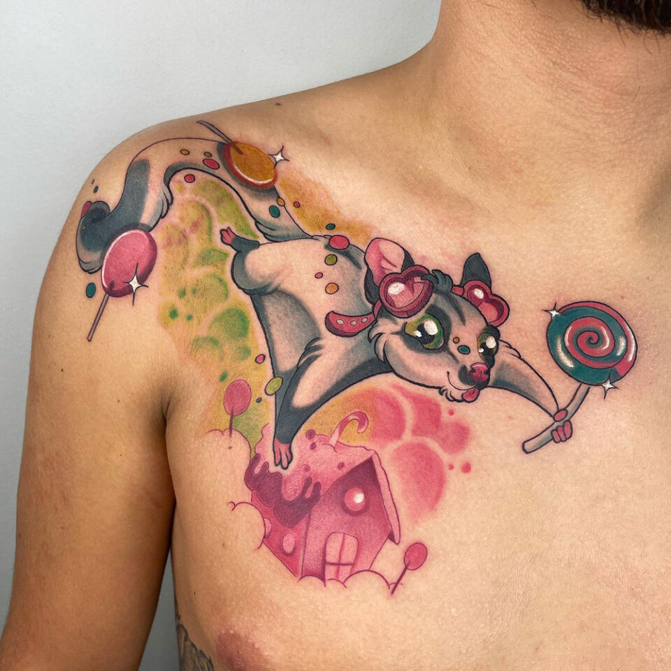 Sugar Glider in Mid-Flight Pet Tattoo Source @lluch.ink via Instagram