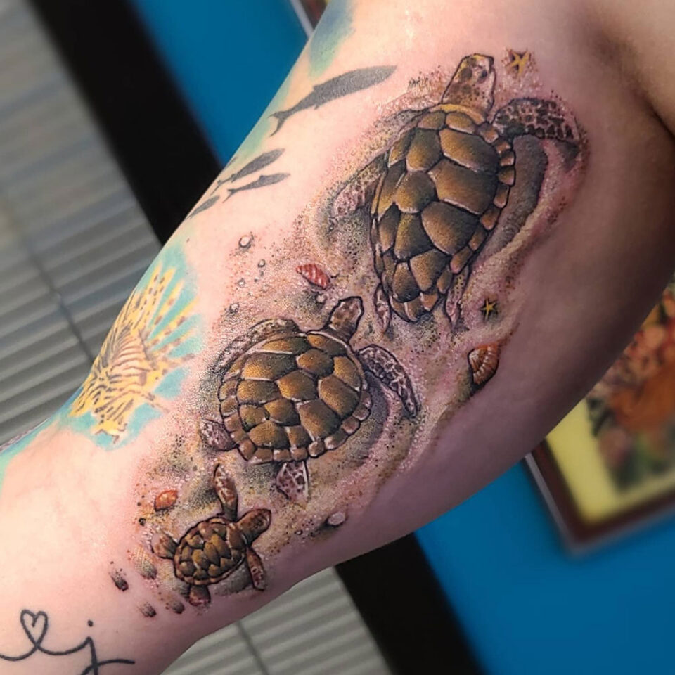 Fonte de tatuagem de animal de estimação de tartaruga em uma praia @ relentlesley83 via Instagram