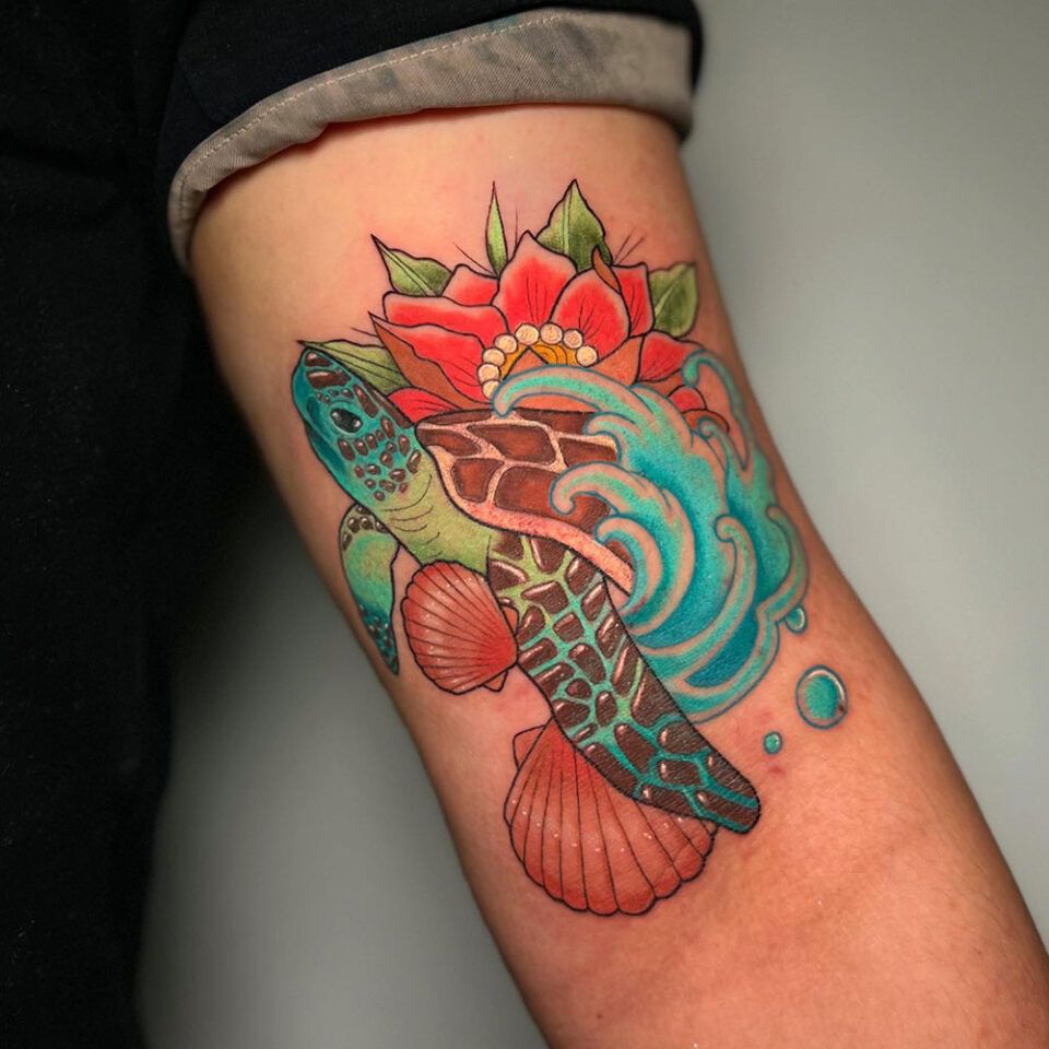 Turtle on a Lily Pad Pet Tattoo Source @av25tattoo via Instagram