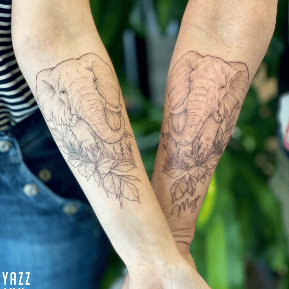 Twin Elephants Matching Tattoo Source @YazzInk via Facebook