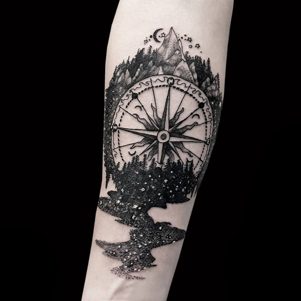 compass with moon and stars tattoo Source @foxrebelstar via Instagram