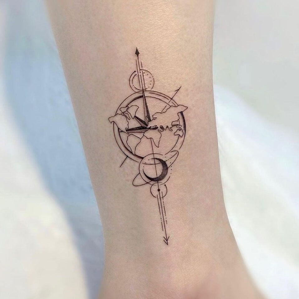 compass with moon and stars tattoo Source @tattooist_neul via Instagram