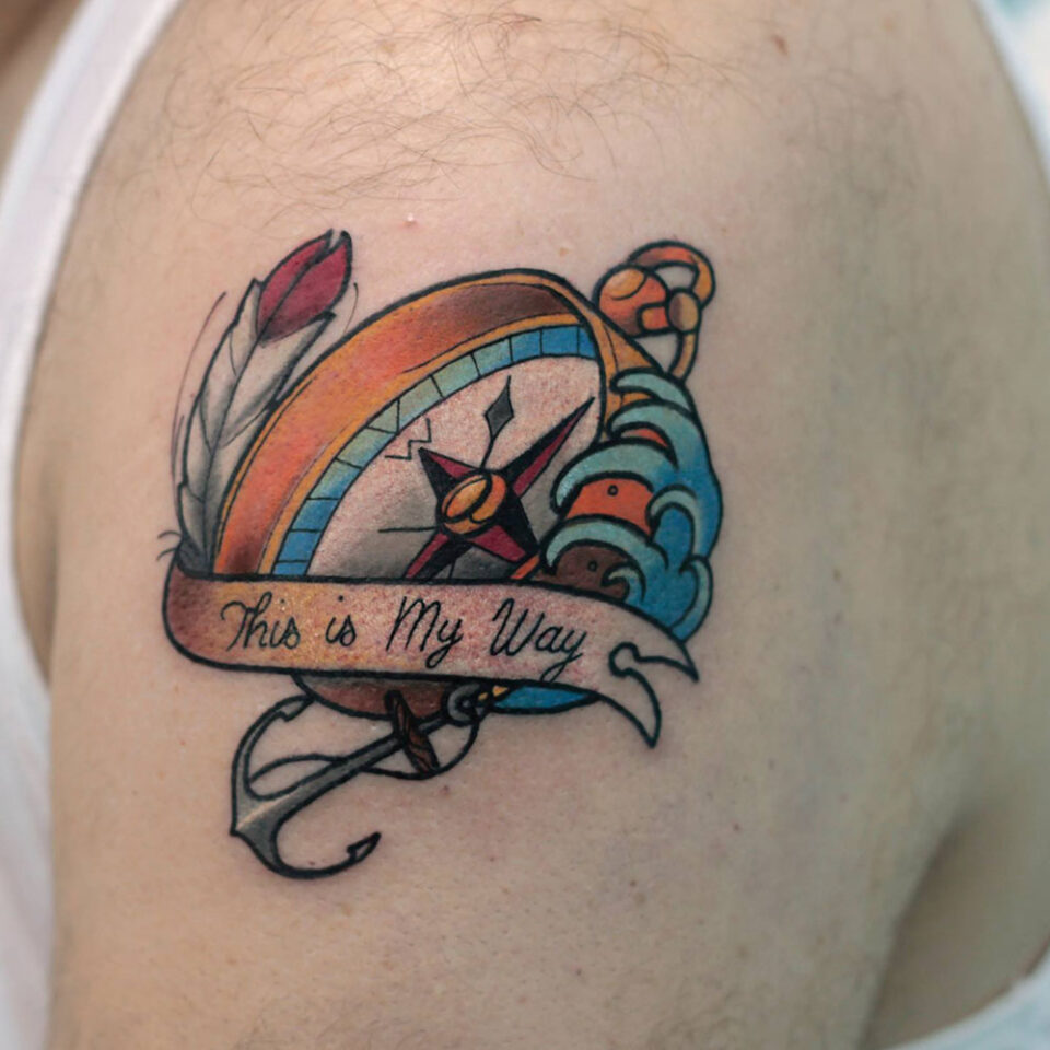 compass with ocean waves tattoo Source @Customtattooantalya via Facebook
