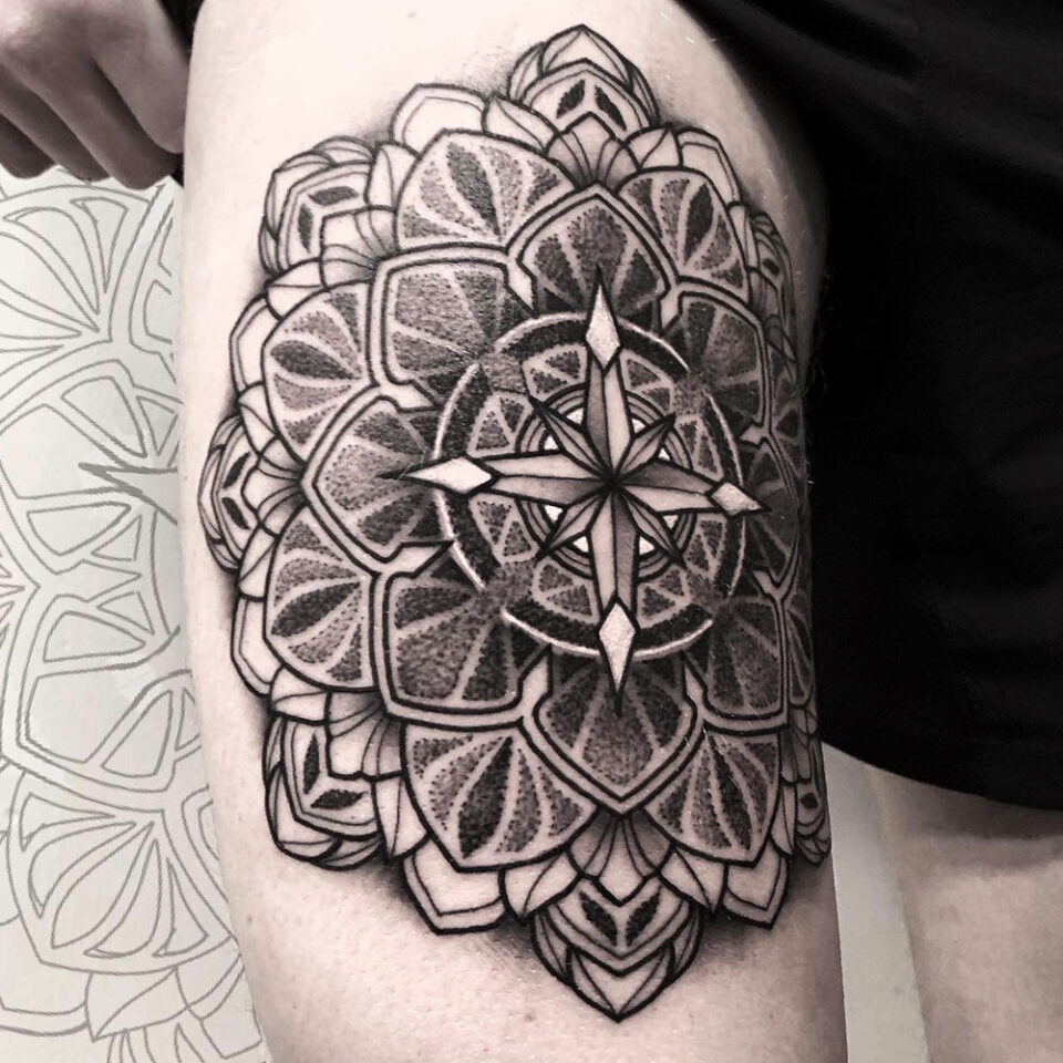 dotwork mandala compass tattoo Source @joeyblackwork via Instagram