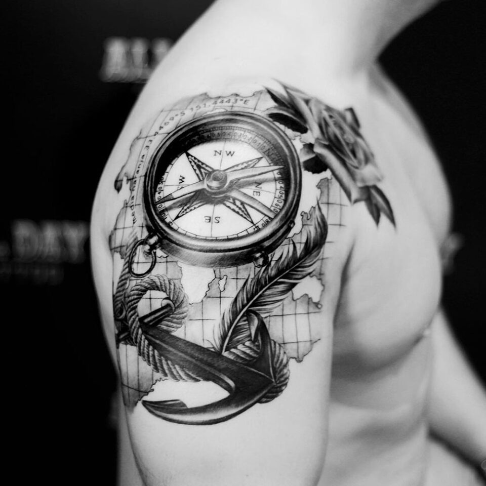feather detailed compass tattoo Source @alldaytattoobkk via Instagram