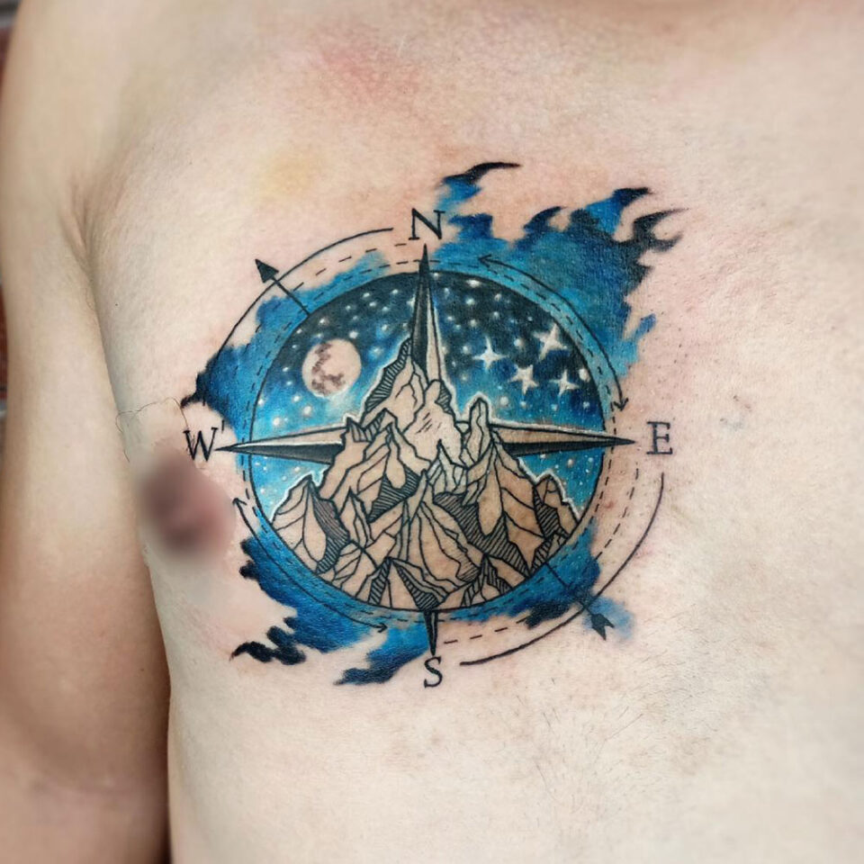 galaxy filled compass tattoo Source @needleztattoostudio via Instagram