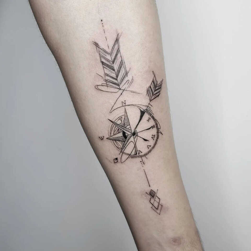 minimalist line art compass tattoo Source @disantattoo via Instagram