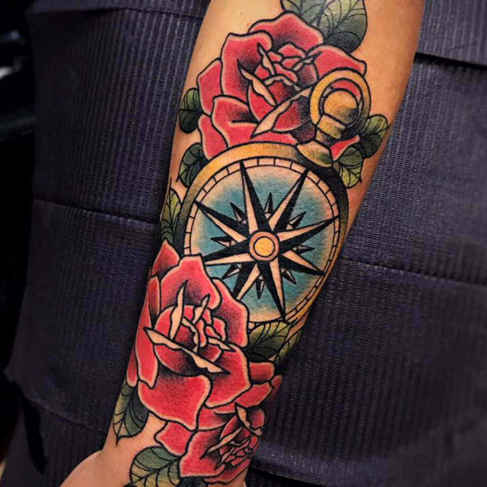 rose and compass combo tattoo Source @bakerstreet.tattoo via Instagram