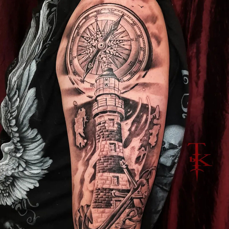 sailing-themed compass tattoo Source @tattoocompany_kris via Instagram