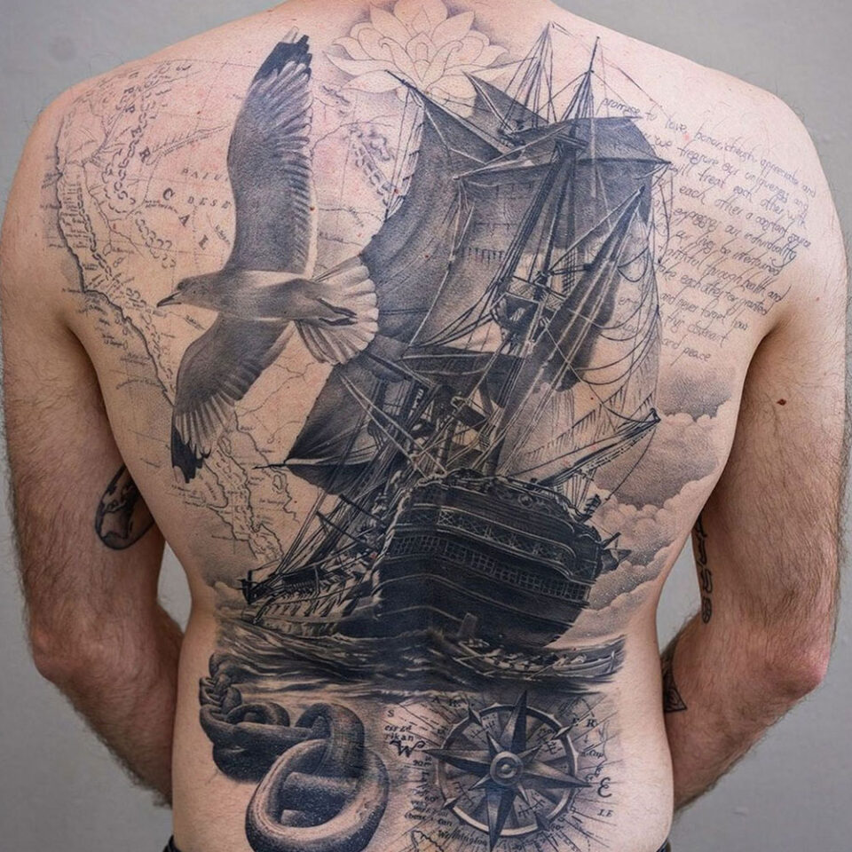 sailing-themed compass tattoo Source @tdantattoo via Instagram
