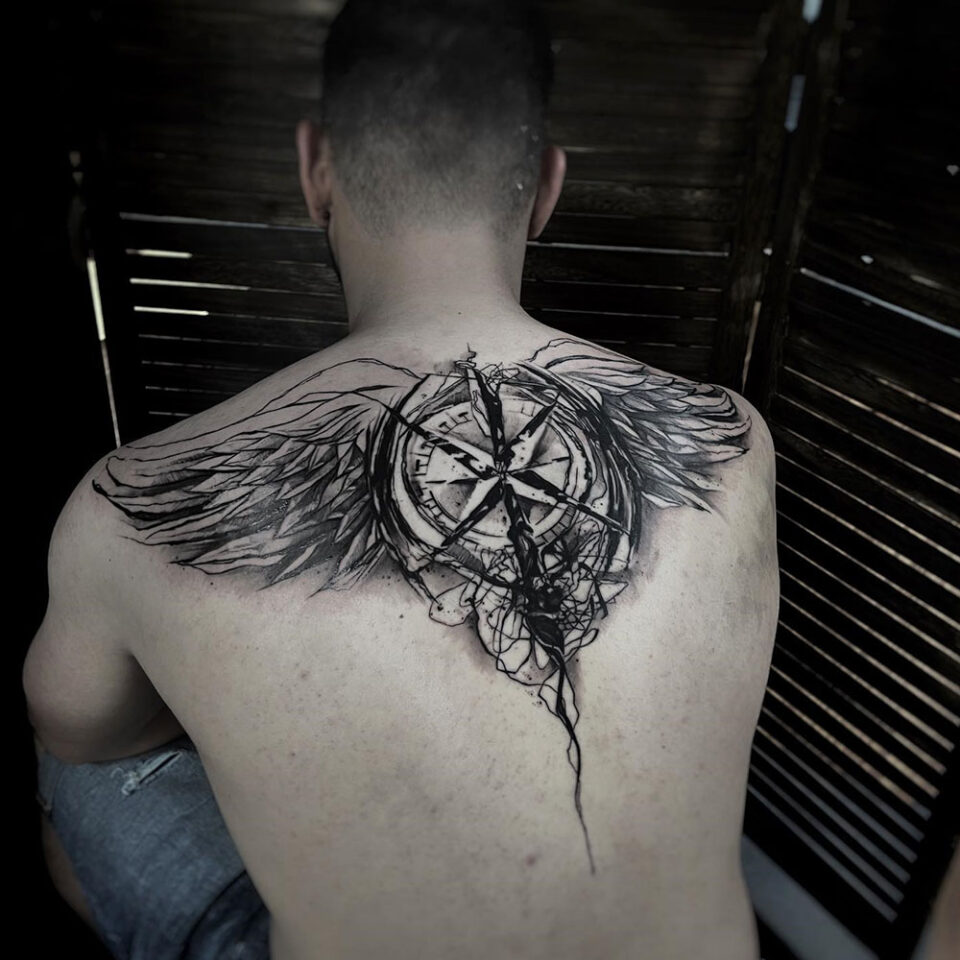 sketch style compass tattoo Source @p.art_tattoo via Instagram