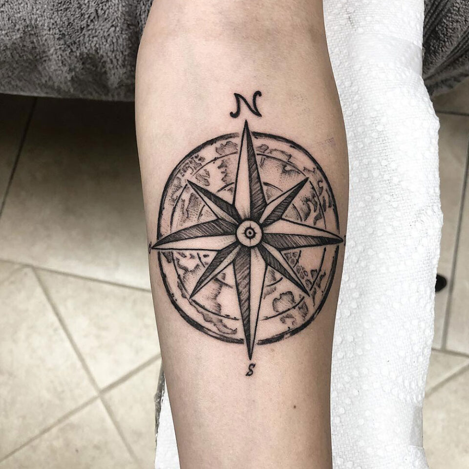 sketch style compass tattoo Source @tattoosbyche via Instagram