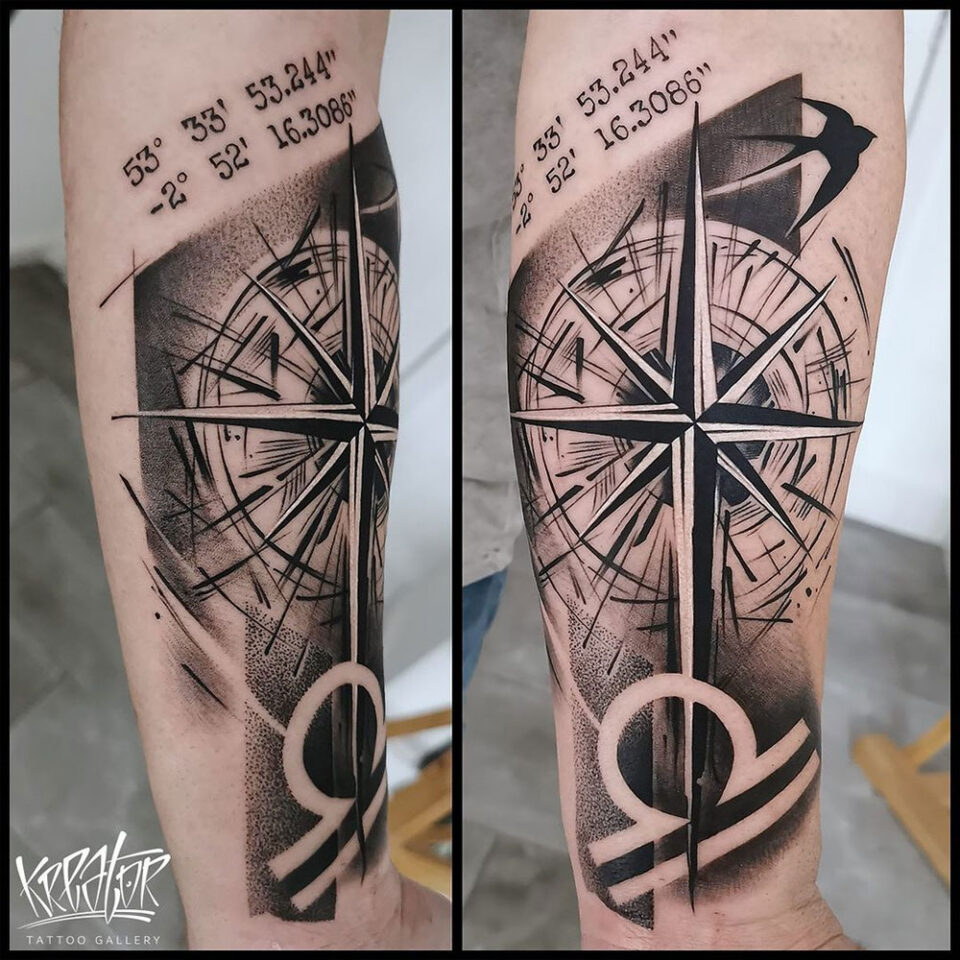 stylized cadinal directions compass tattoo Source @kreatortattoogallery via Instagram