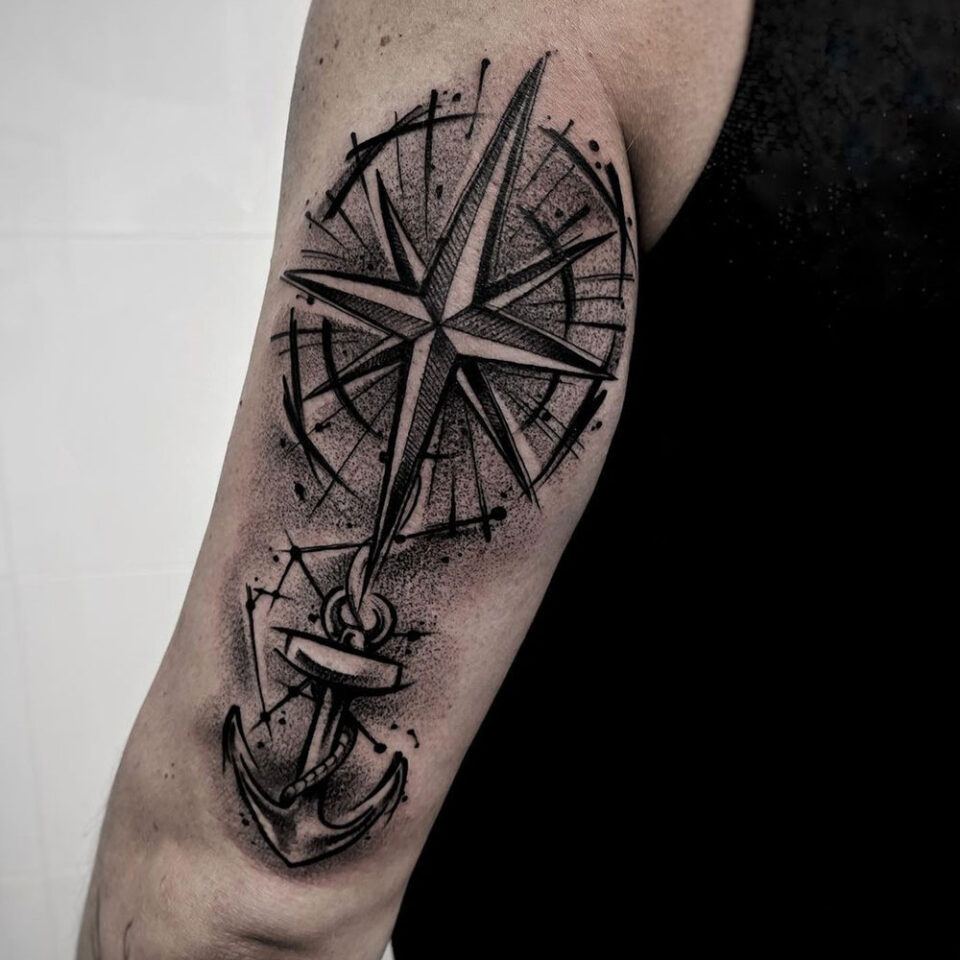 stylized cadinal directions compass tattoo Source @sowa.ink via Instagram