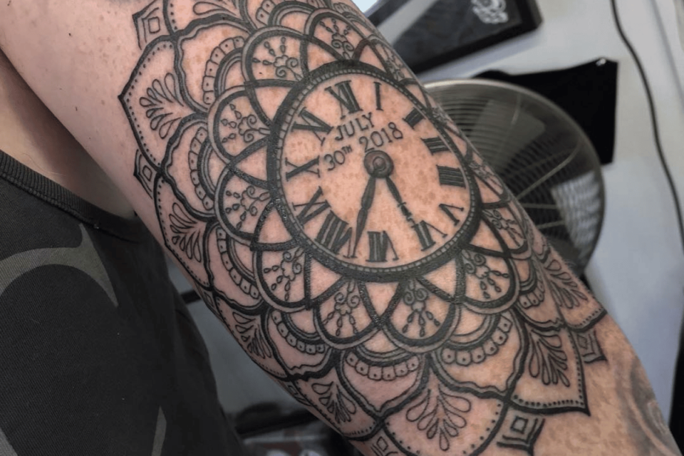 Clock Mandala Tattoo Source @pigmentstattooandpiercingco via Facebook