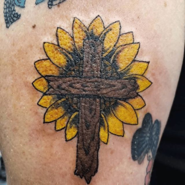 Cross Sunflower Tattoo Source @RoyalOakTattoo via Facebook