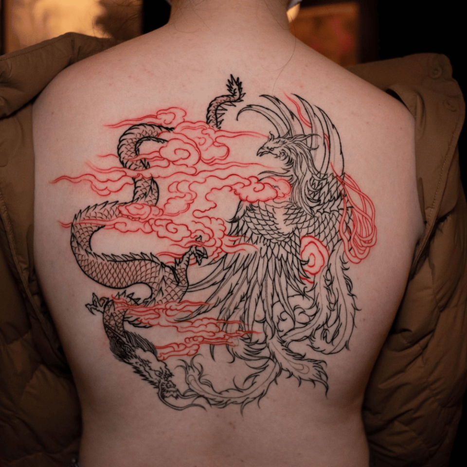 Dragon and Phoenix Harmony Japanese Tattoo Source @thermalinktattoo via Instagram
