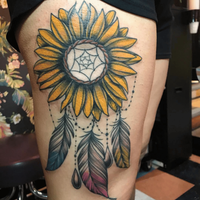 Dreamcatcher Sunflower Tattoo Source @EarthshipStudios via Facebook