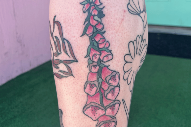Fonte de tatuagem de flor dedaleira @pinkflamingotattooshop via Facebook