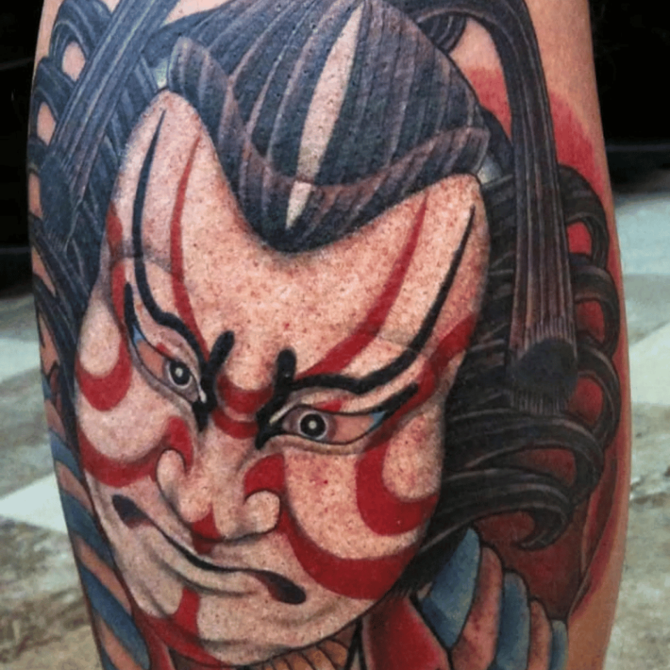 Expressão Dramática da Máscara Kabuki Fonte da Tatuagem Japonesa tattoodo.com