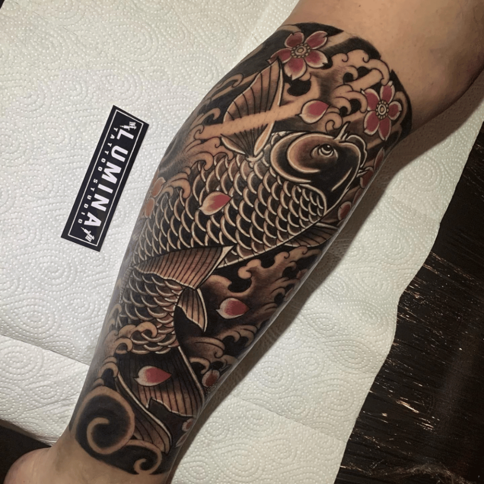 Koi Ascending Rapids Japanese Tattoo Source @deck_ndu_lumina via Instagram