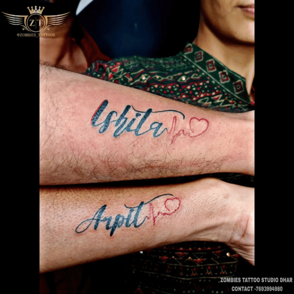 Names in Handwriting Matching Tattoo Source @zombies_tattoo via Instagram