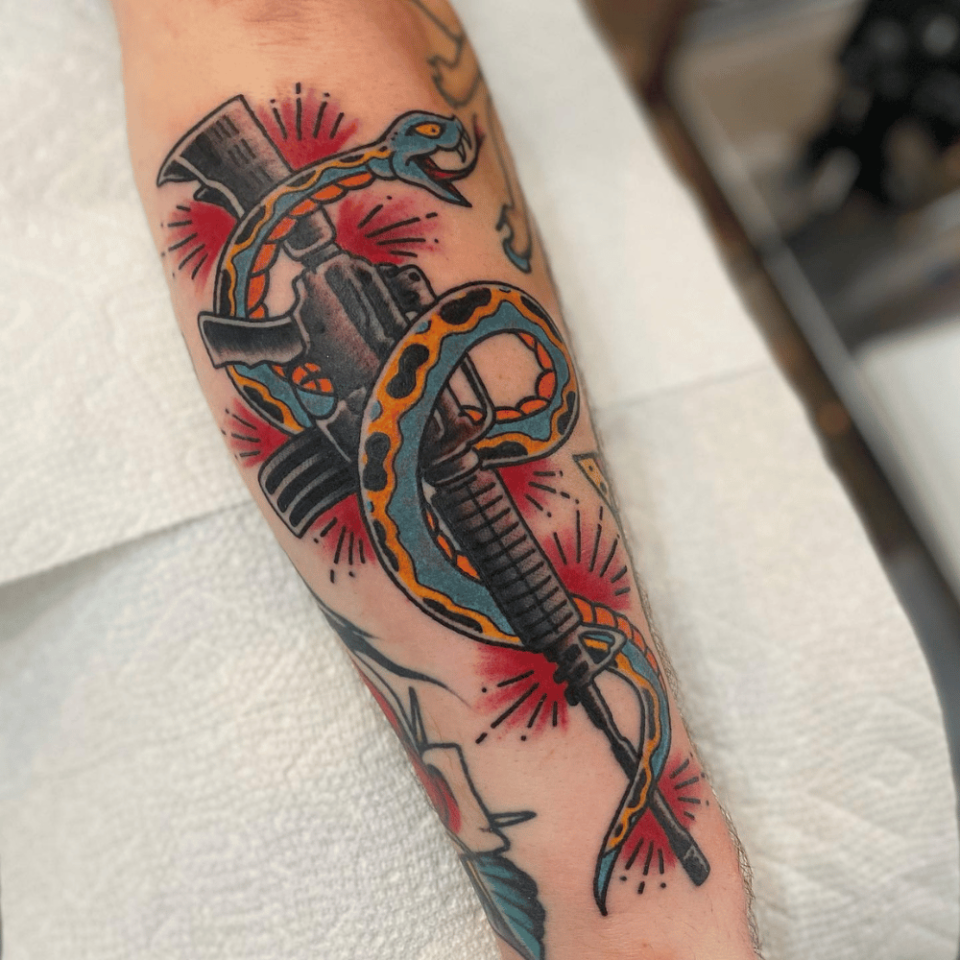 American Traditional Gun Tattoo