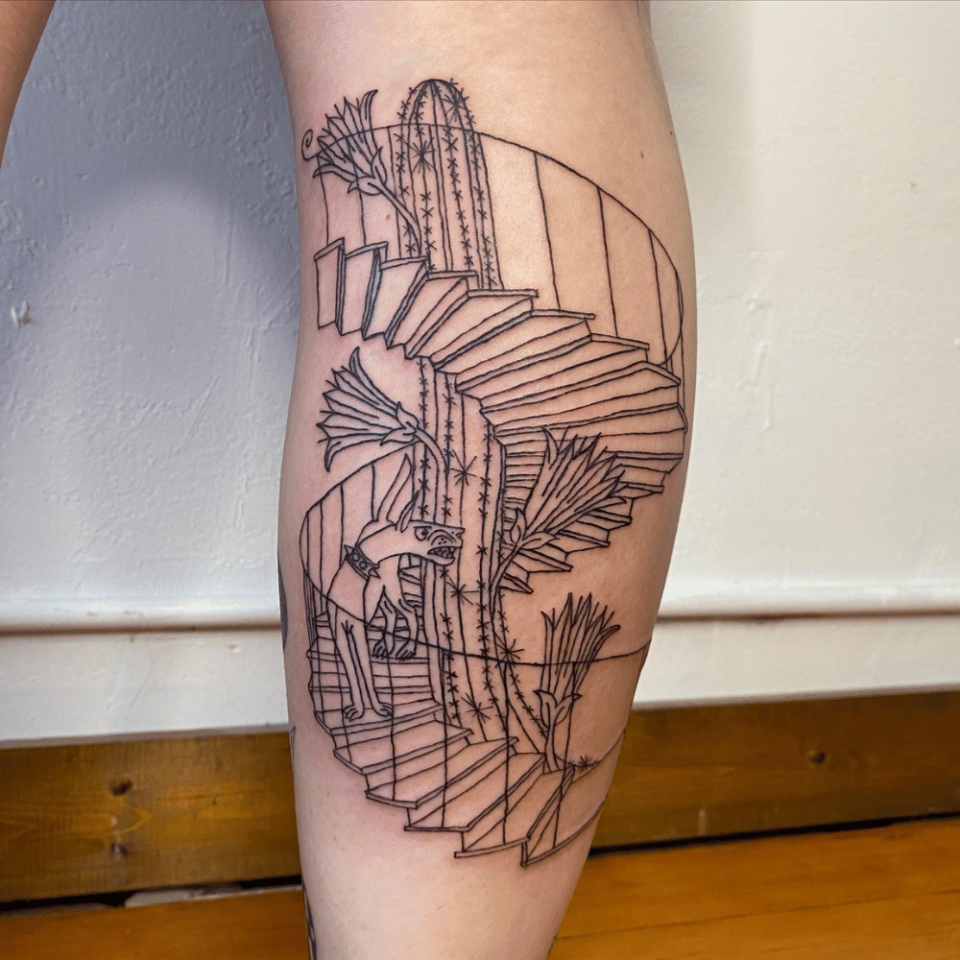 Spiral Staircase Matching Tattoo Source @shell_station_tattoo via Instagram