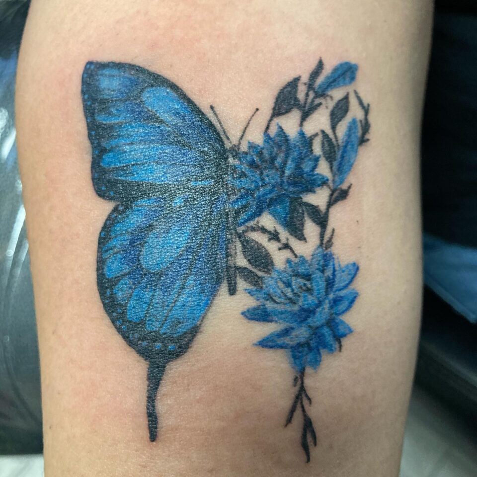 Blue Butterfly Tattoos Source @dre_ortiz.tattoos via Instagram