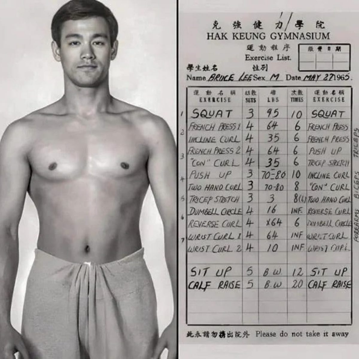 A picture of Bruce Lee in 1965 next to a card detailing his workout routine. 