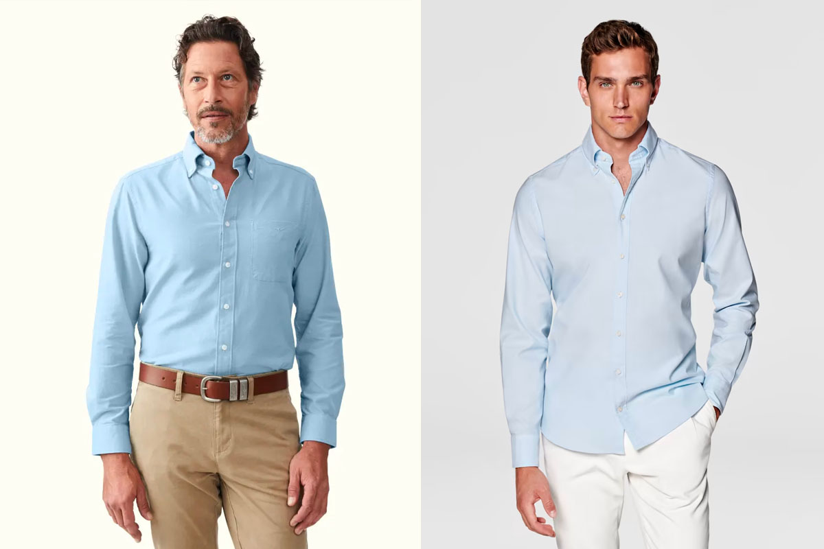 Two men, both wearing light blue, button-down shirts. One is tucked in to sandy chinos, the other wears his untucked with white trousers. 