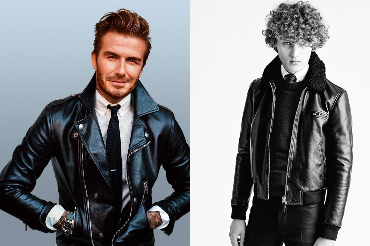 Two men. On the left is David Beckham wearing a leather jacket with a shirt and tie. On the right is a model wearing a lined leather jacket with a knit jumper, shirt, and tie.