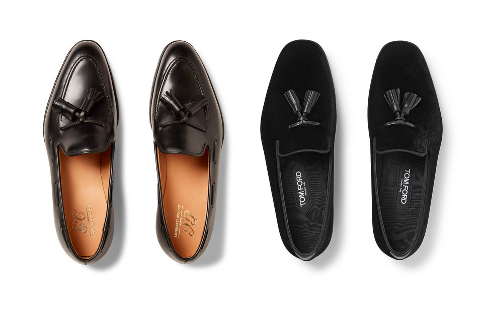 Two pairs of Tom Ford shoes that are suitable for black tie attire. 