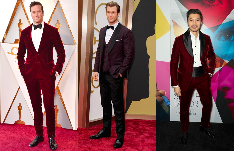 Three men wearing red or burgundy tuxedos, demonstrating a colourful alternative for black tie attire.
