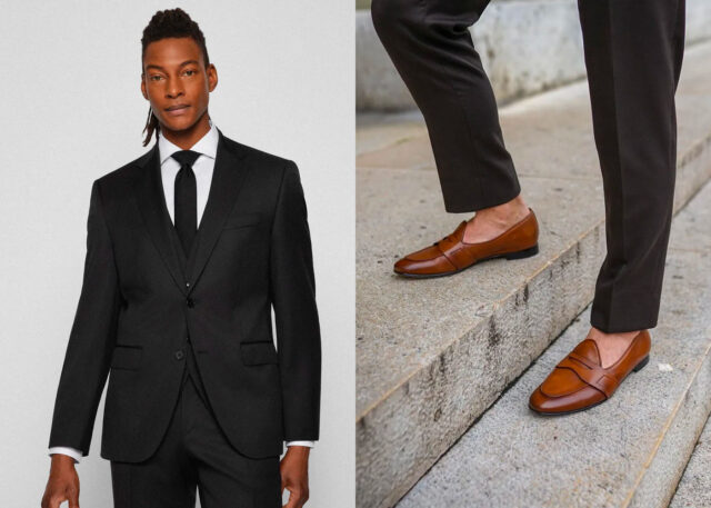 how to wear brown shows with a black suit