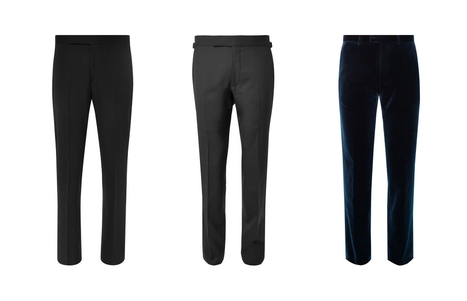 Three pairs of trousers that are suitable for black tie attire. 