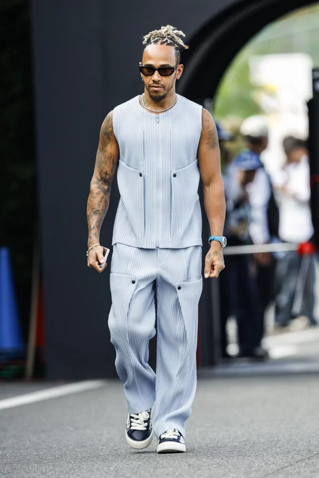 Lewis Hamilton wears Homme Plissé Issey Miyake at Japanese Grand Prix