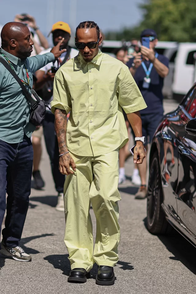 Lewis Hamilton wears a custom Nanushka outfit at Hungarian Grand Prix